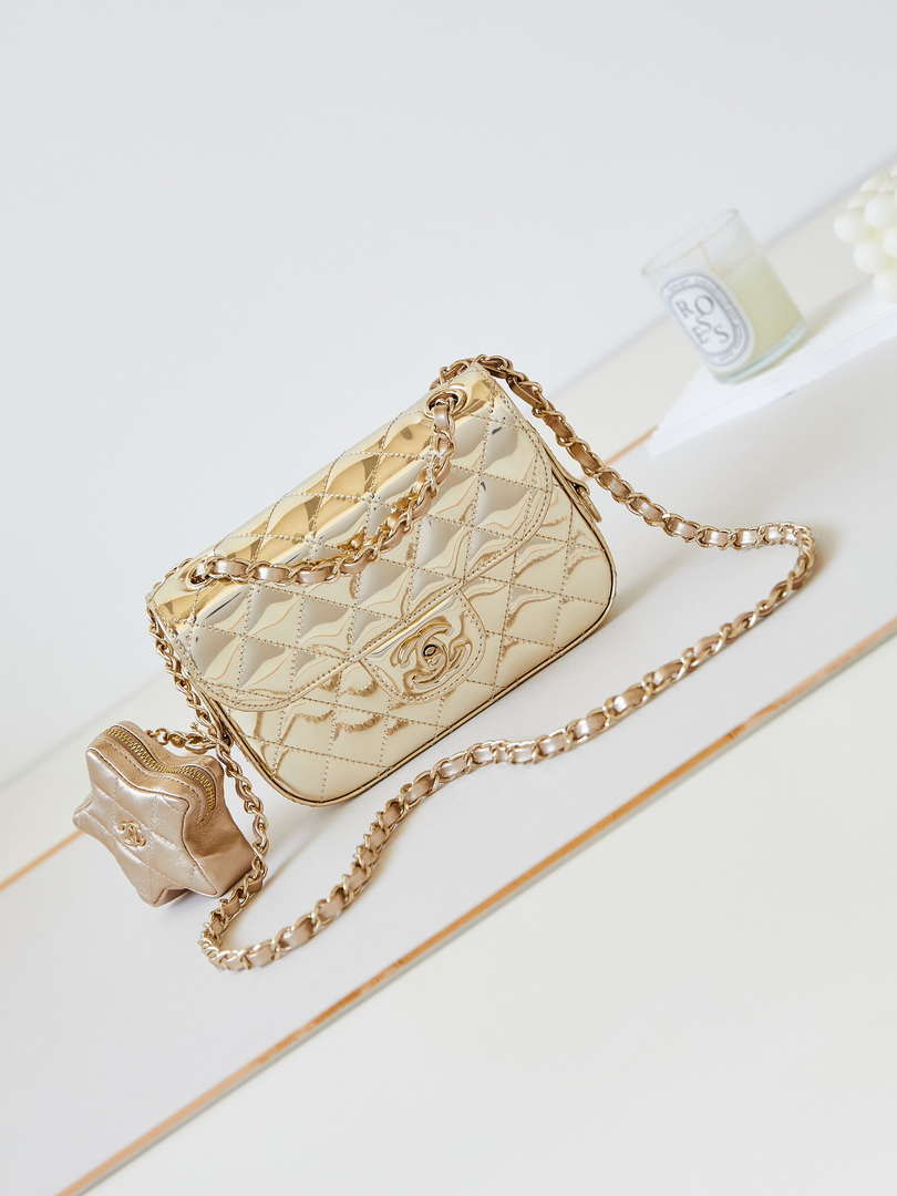 Chanel AS4646 MINI FLAP BAG & STAR COIN PURSE Mirror Calfskin  Metallic Calfskin & Gold-Tone Metal Gold