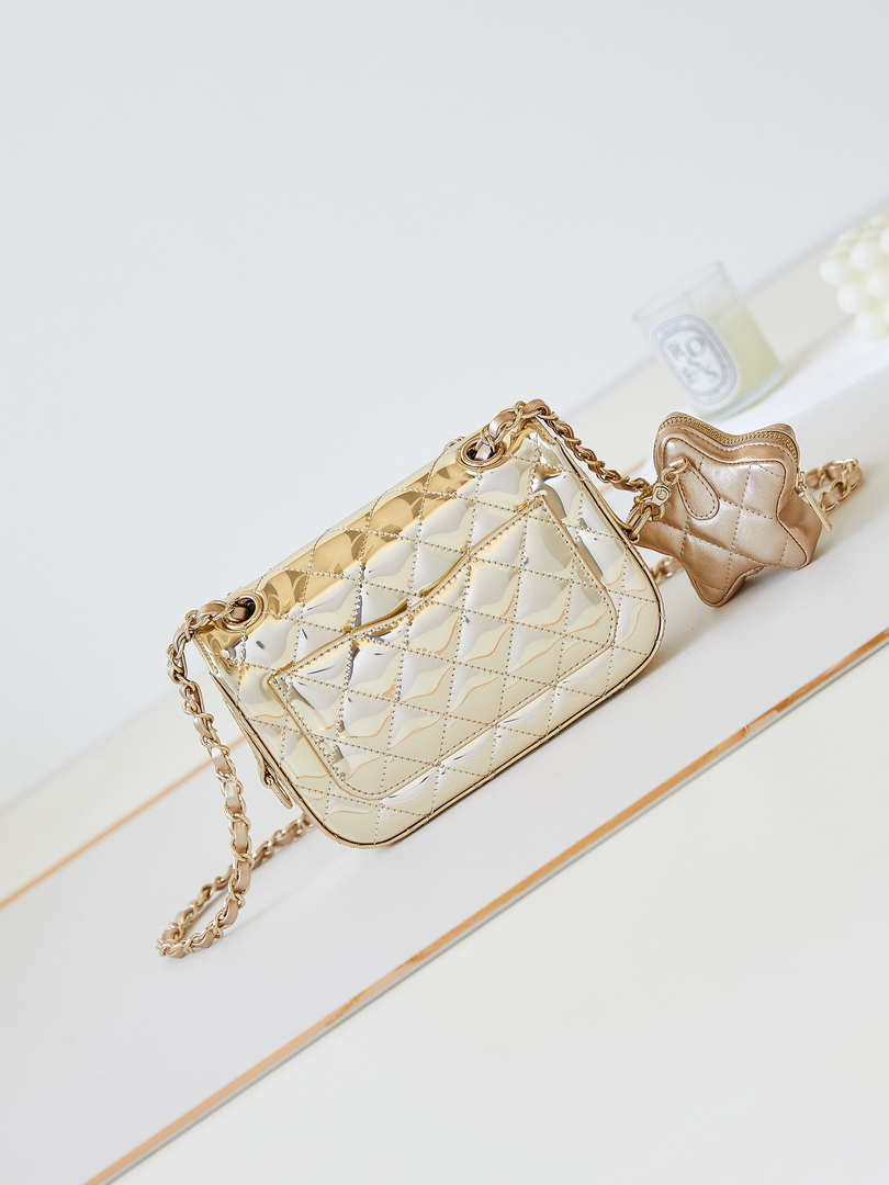 Chanel AS4646 MINI FLAP BAG & STAR COIN PURSE Mirror Calfskin  Metallic Calfskin & Gold-Tone Metal Gold