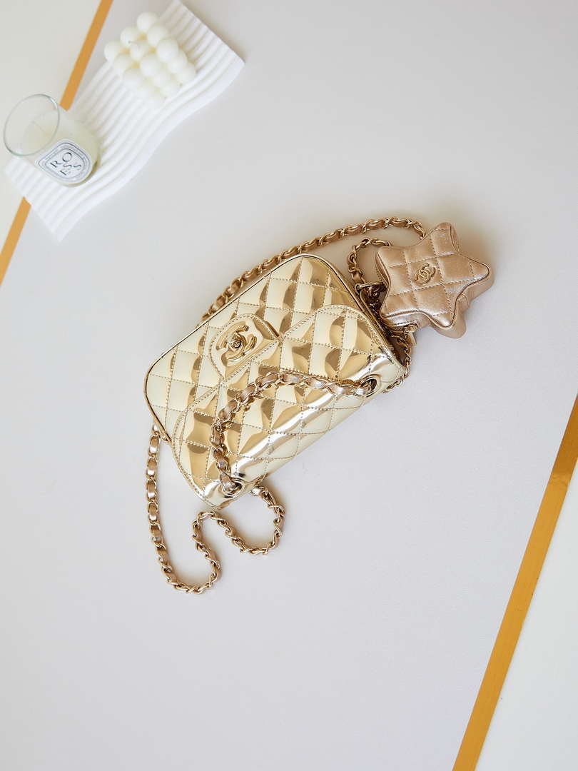 Chanel AS4646 MINI FLAP BAG & STAR COIN PURSE Mirror Calfskin  Metallic Calfskin & Gold-Tone Metal Gold