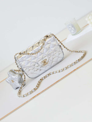Chanel AS4646 MINI FLAP BAG & STAR COIN PURSE Mirror Calfskin  Metallic Calfskin & Gold-Tone Metal Silver - Default Title - View 1