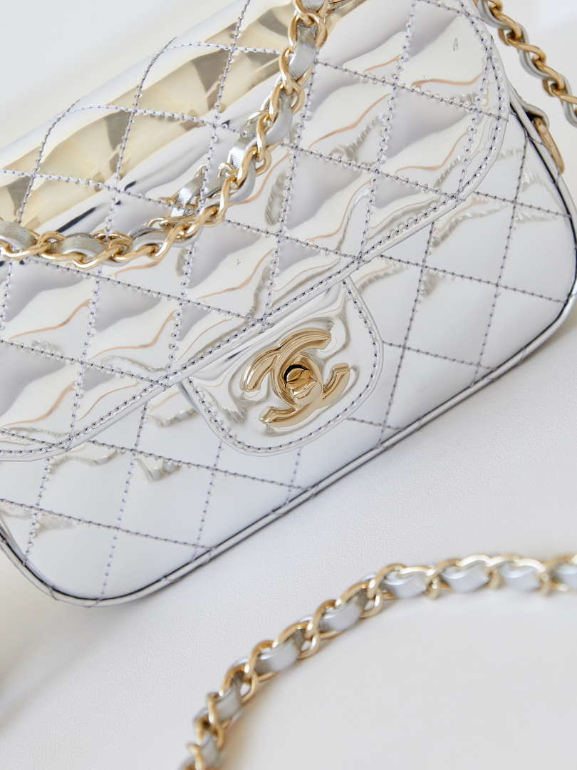 Chanel AS4646 MINI FLAP BAG & STAR COIN PURSE Mirror Calfskin  Metallic Calfskin & Gold-Tone Metal Silver