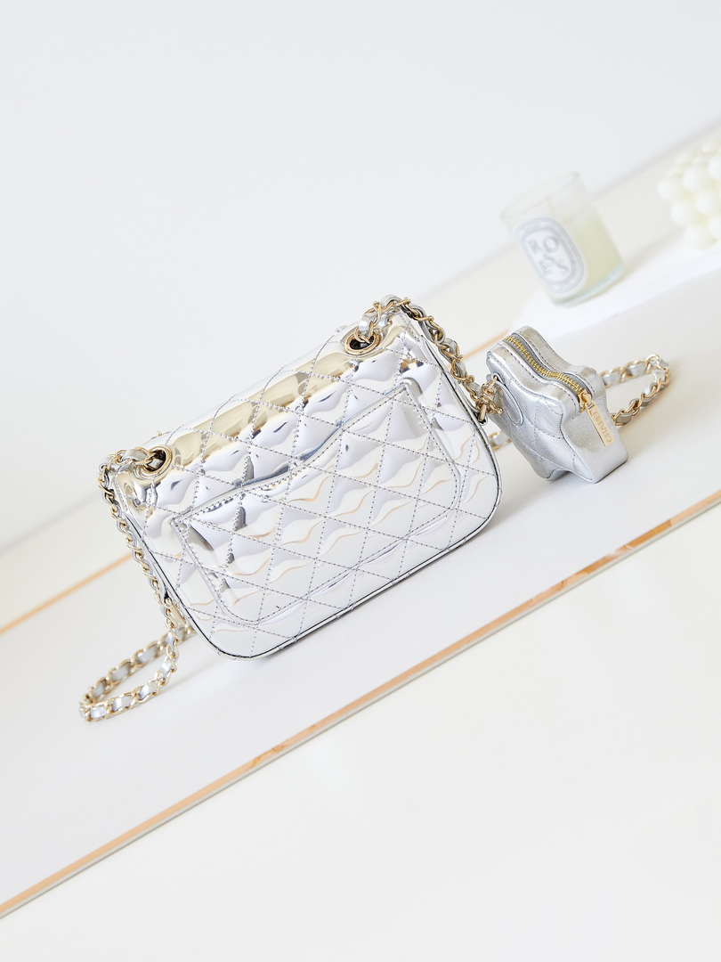 Chanel AS4646 MINI FLAP BAG & STAR COIN PURSE Mirror Calfskin  Metallic Calfskin & Gold-Tone Metal Silver