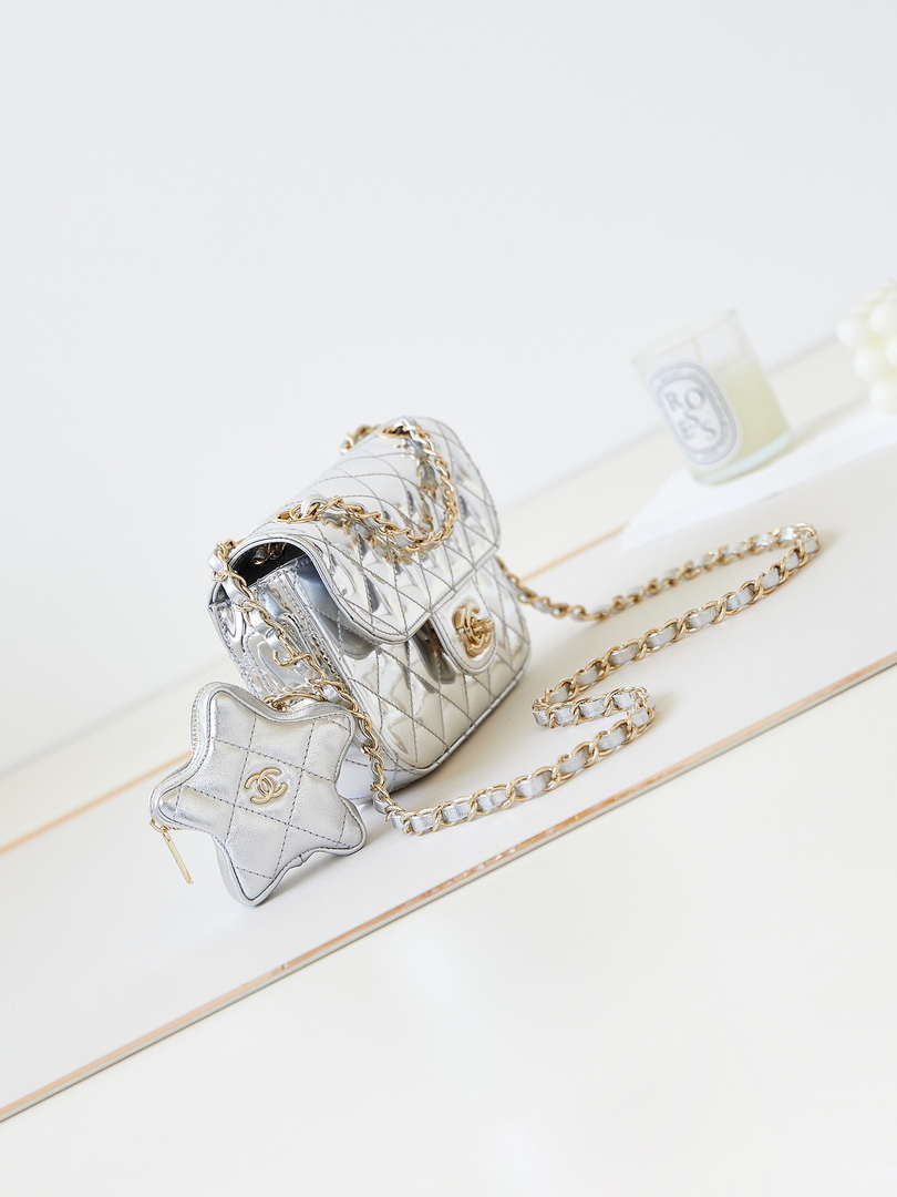 Chanel AS4646 MINI FLAP BAG & STAR COIN PURSE Mirror Calfskin  Metallic Calfskin & Gold-Tone Metal Silver - Default Title - View 5
