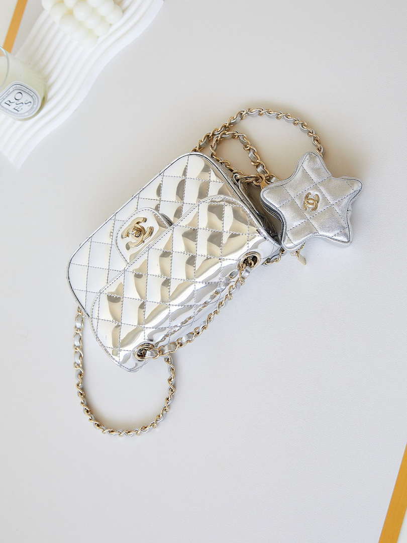 Chanel AS4646 MINI FLAP BAG & STAR COIN PURSE Mirror Calfskin  Metallic Calfskin & Gold-Tone Metal Silver
