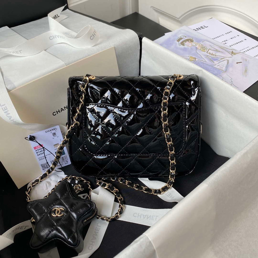 Chanel AS4647 Mini Flap Bag & STAR COIN PURSE Metallic Calfskin & Gold-Tone Metal Black