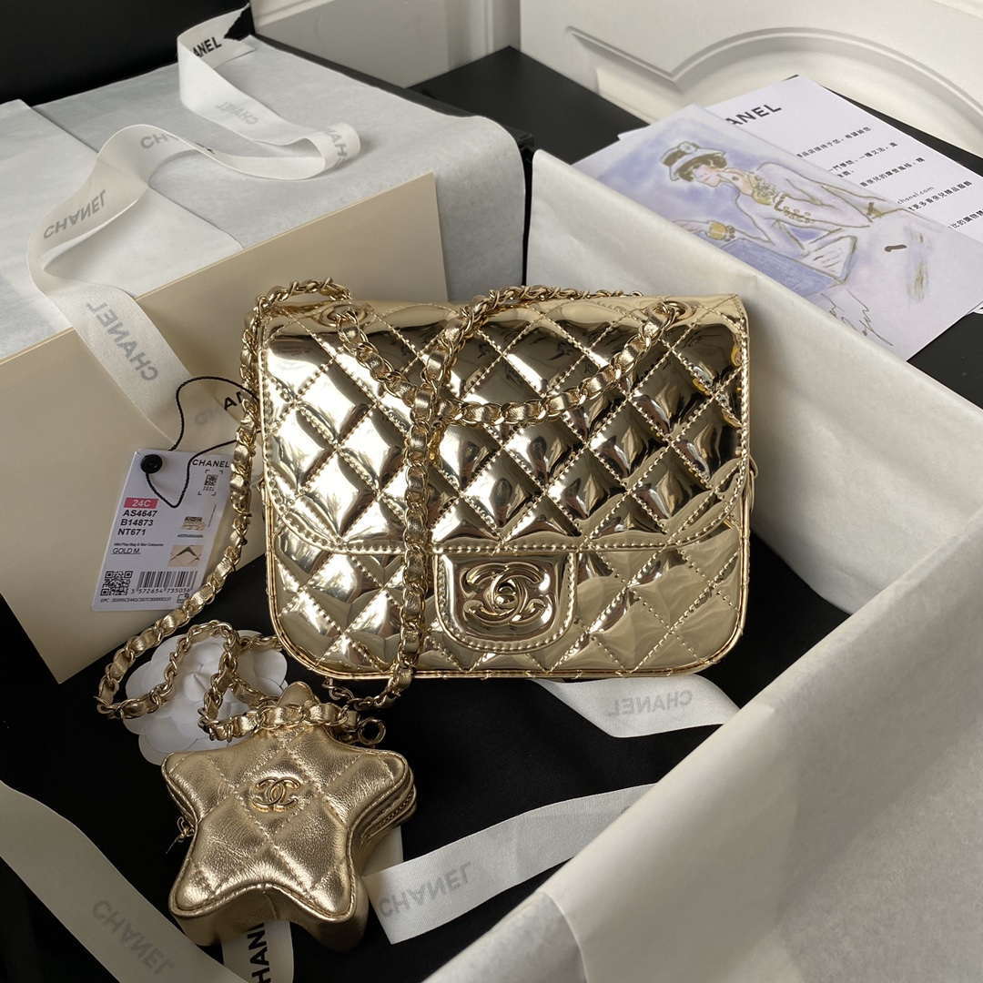 Chanel AS4647 Mini Flap Bag & STAR COIN PURSE Metallic Calfskin & Gold-Tone Metal Gold - Default Title - View 1
