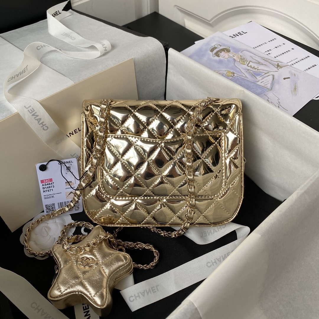 Chanel AS4647 Mini Flap Bag & STAR COIN PURSE Metallic Calfskin & Gold-Tone Metal Gold