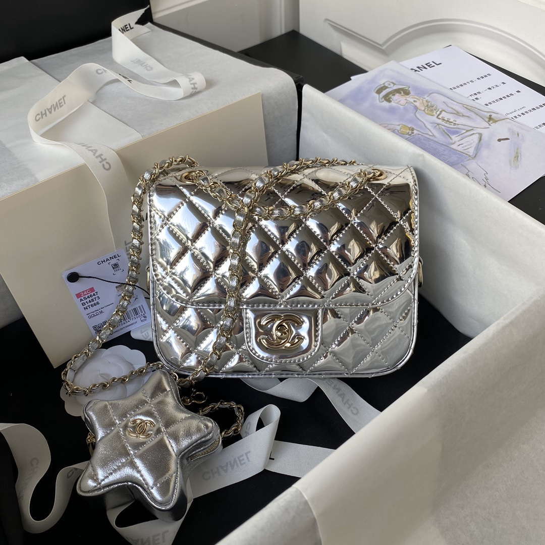 Chanel AS4647 Mini Flap Bag & STAR COIN PURSE Metallic Calfskin & Gold-Tone Metal Silver - Default Title - View 1