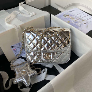 Chanel AS4647 Mini Flap Bag & STAR COIN PURSE Metallic Calfskin & Gold-Tone Metal Silver - Default Title - View 1