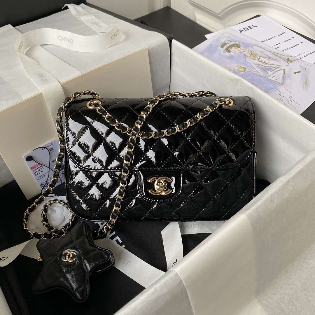 Chanel AS4648 Flap Bag & STAR COIN PURSE Mirror Calfskin Metallic Calfskin & Gold-Tone Metal Black - Default Title - View 1