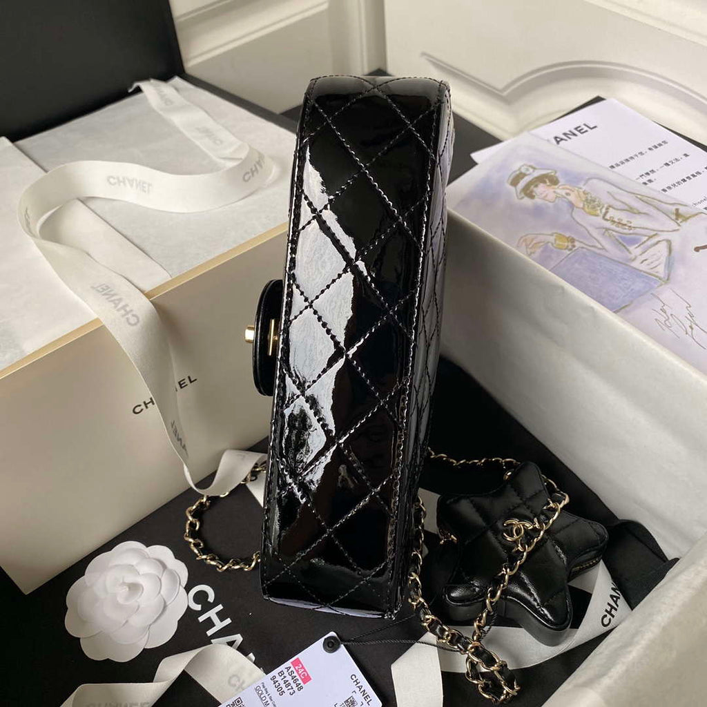Chanel AS4648 Flap Bag & STAR COIN PURSE Mirror Calfskin Metallic Calfskin & Gold-Tone Metal Black