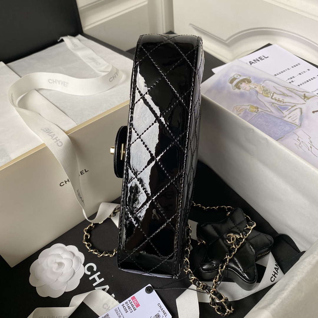 Chanel AS4648 Flap Bag & STAR COIN PURSE Mirror Calfskin Metallic Calfskin & Gold-Tone Metal Black