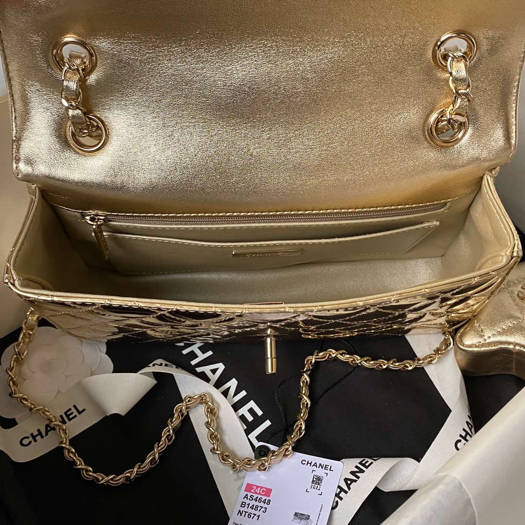 Chanel AS4648 Flap Bag & STAR COIN PURSE Mirror Calfskin Metallic Calfskin & Gold-Tone Metal Gold