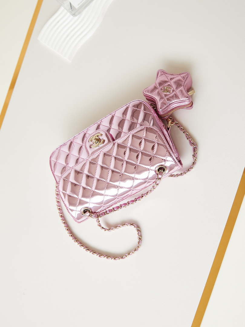 Chanel AS4648 Flap Bag & STAR COIN PURSE Mirror Calfskin Metallic Calfskin & Gold-Tone Metal Purple - Default Title - View 8
