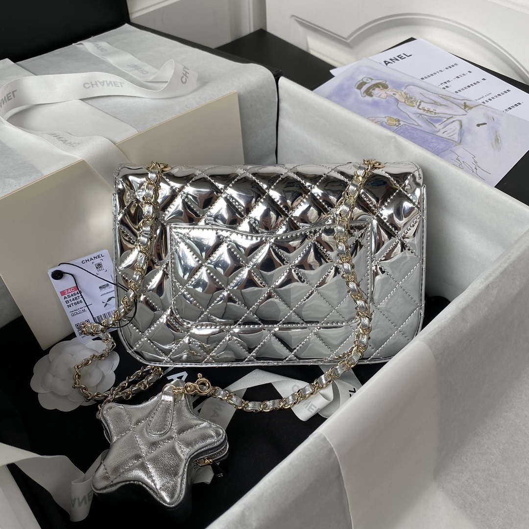 Chanel AS4648 Flap Bag & STAR COIN PURSE Mirror Calfskin Metallic Calfskin & Gold-Tone Metal Silver - Default Title - View 2