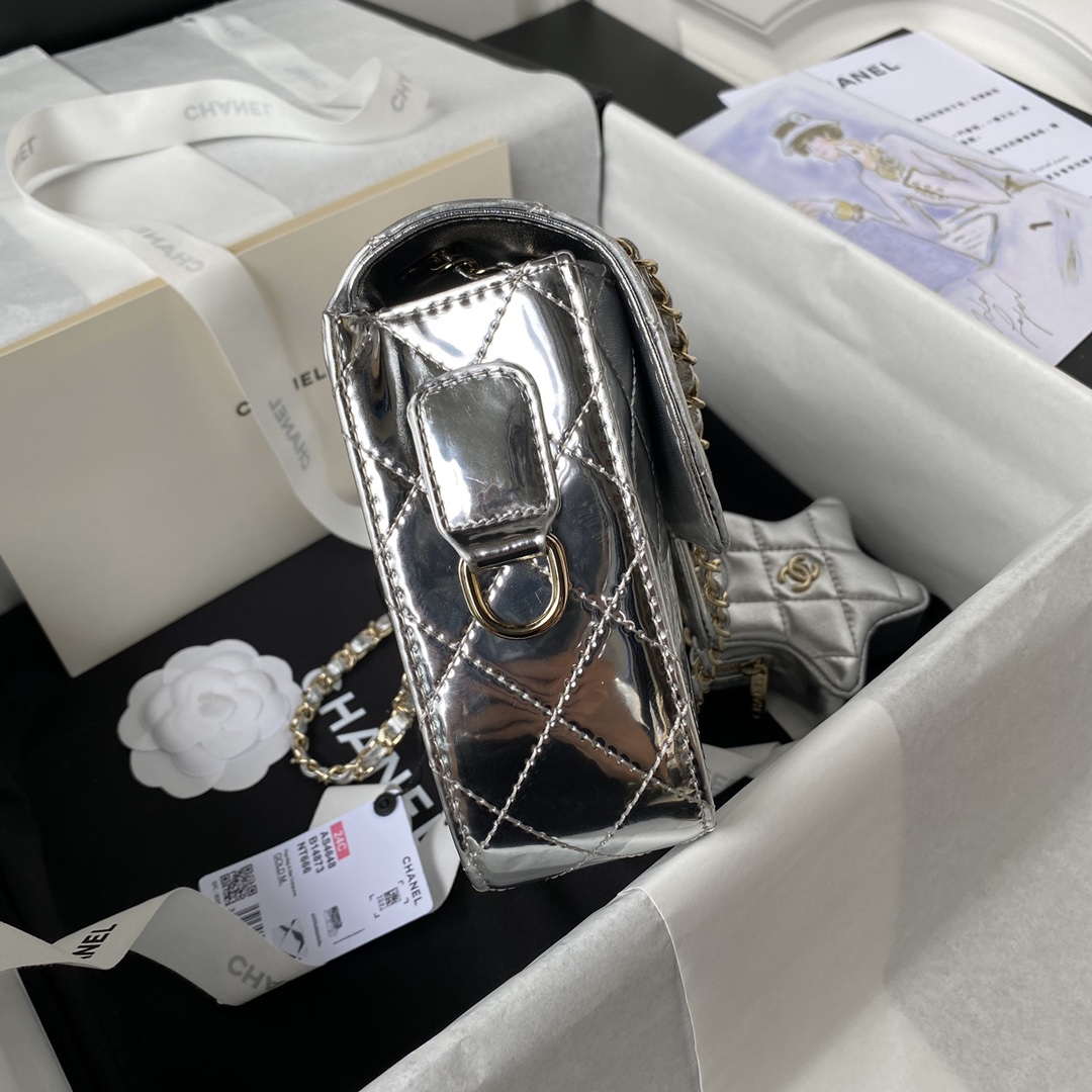 Chanel AS4648 Flap Bag & STAR COIN PURSE Mirror Calfskin Metallic Calfskin & Gold-Tone Metal Silver
