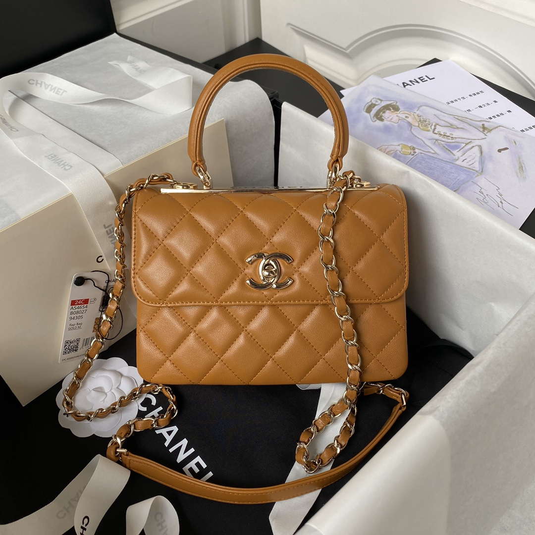 Chanel AS4654 Trendy CC Flap Bag With Top Handle Lambskin & Gold-Tone Metal Orange - Default Title - View 1