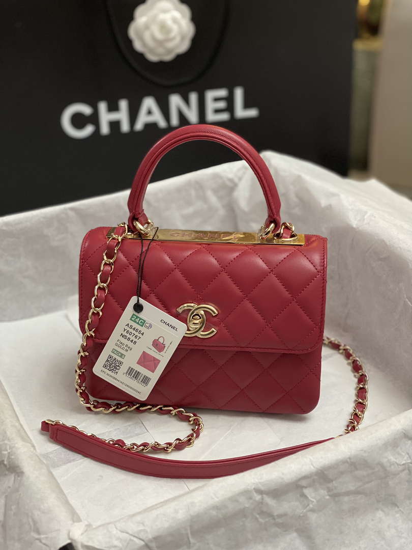 Chanel AS4654 Trendy CC Flap Bag With Top Handle Lambskin & Gold-Tone Metal Wine Red - Default Title - View 1