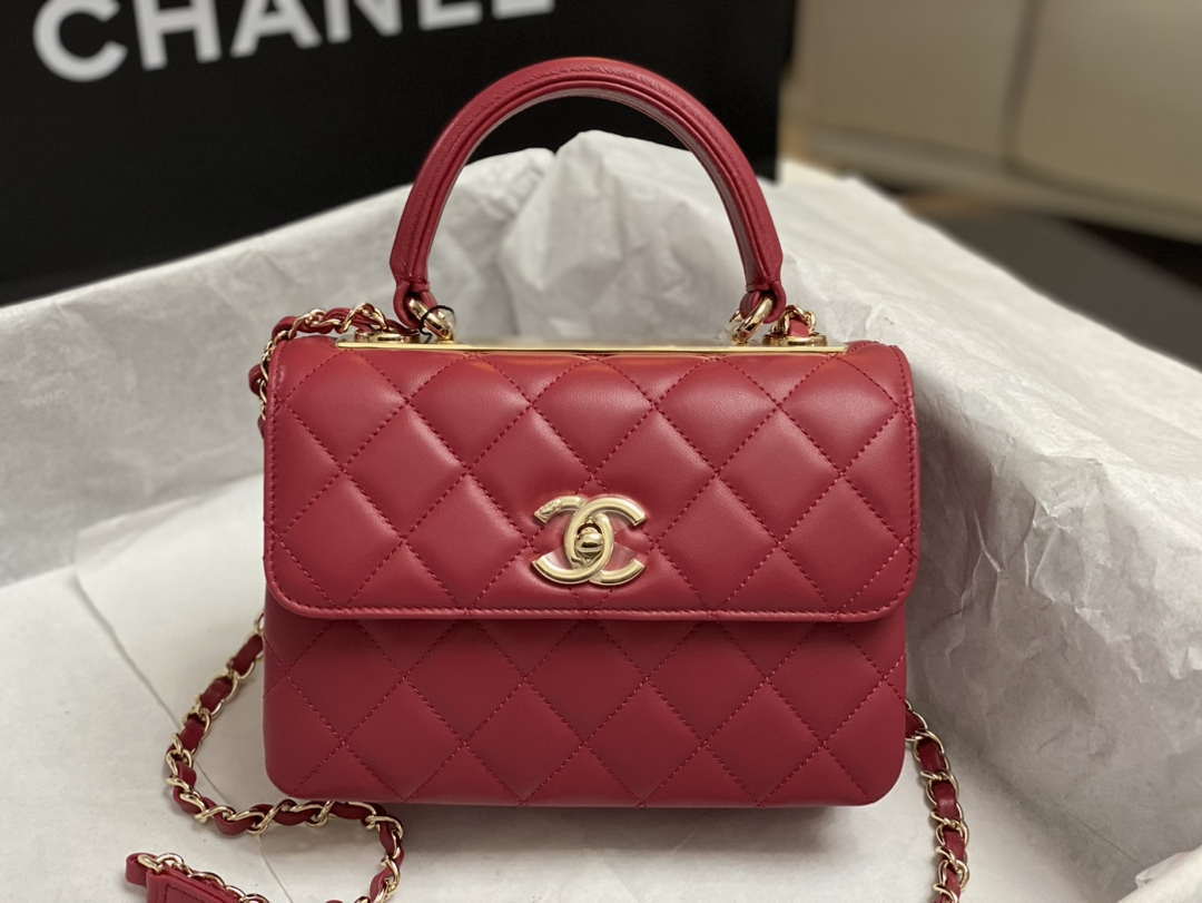 Chanel AS4654 Trendy CC Flap Bag With Top Handle Lambskin & Gold-Tone Metal Wine Red