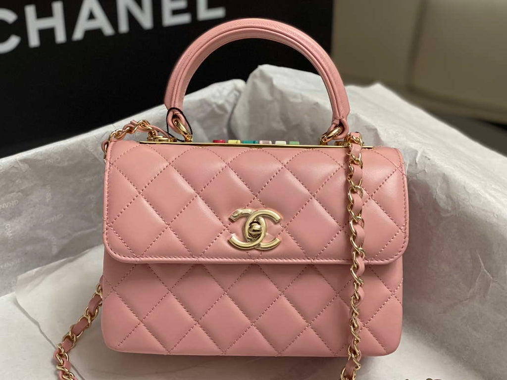Chanel AS4654 Trendy CC Flap Bag With Top Handle Pink Lambskin Multicolor Logo
