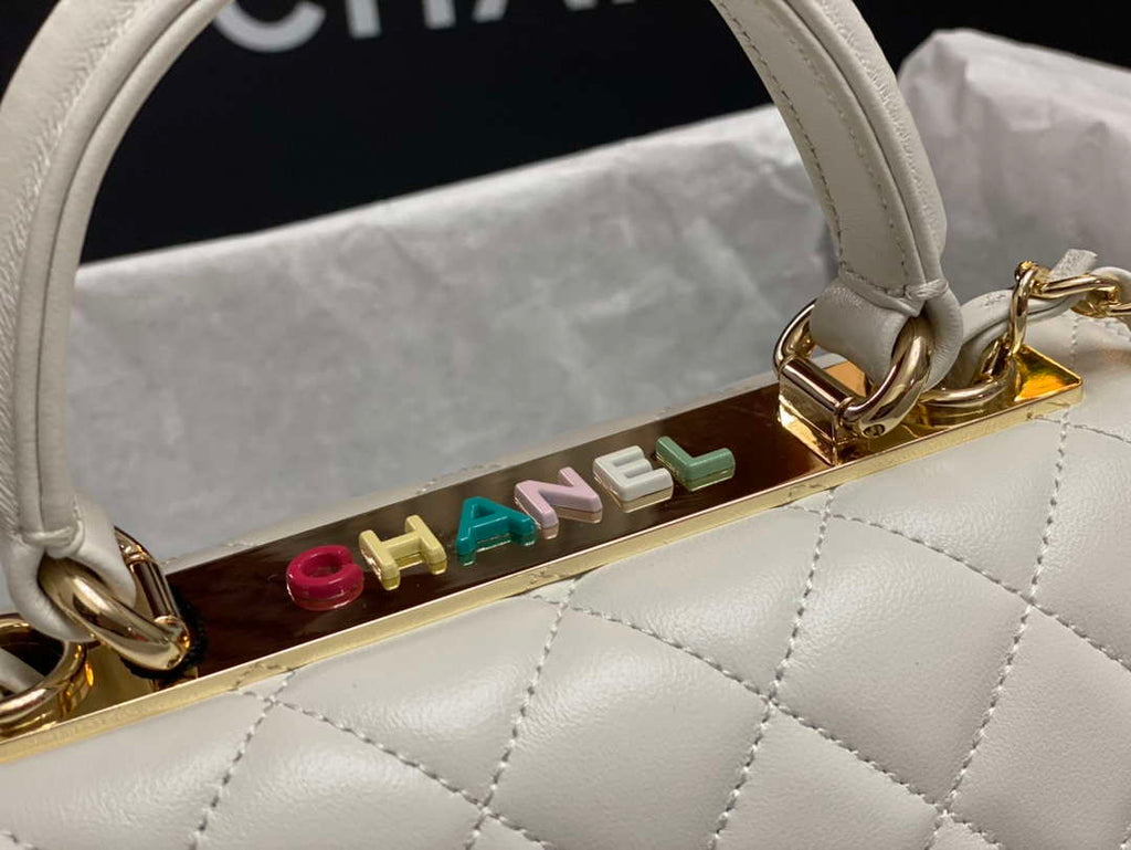 Chanel AS4654 Trendy CC Flap Bag With Top Handle White Lambskin Multicolor Logo