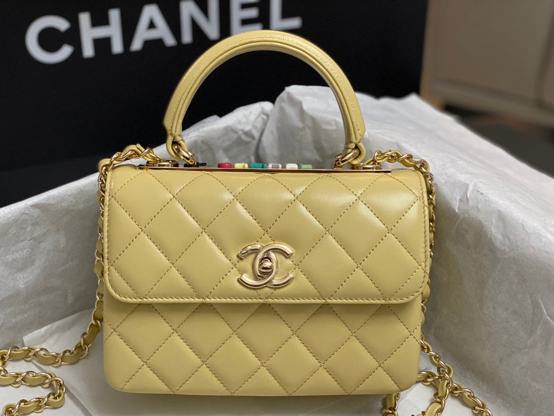 Chanel AS4654 Trendy CC Flap Bag With Top Handle Yellow Lambskin Multicolor Logo