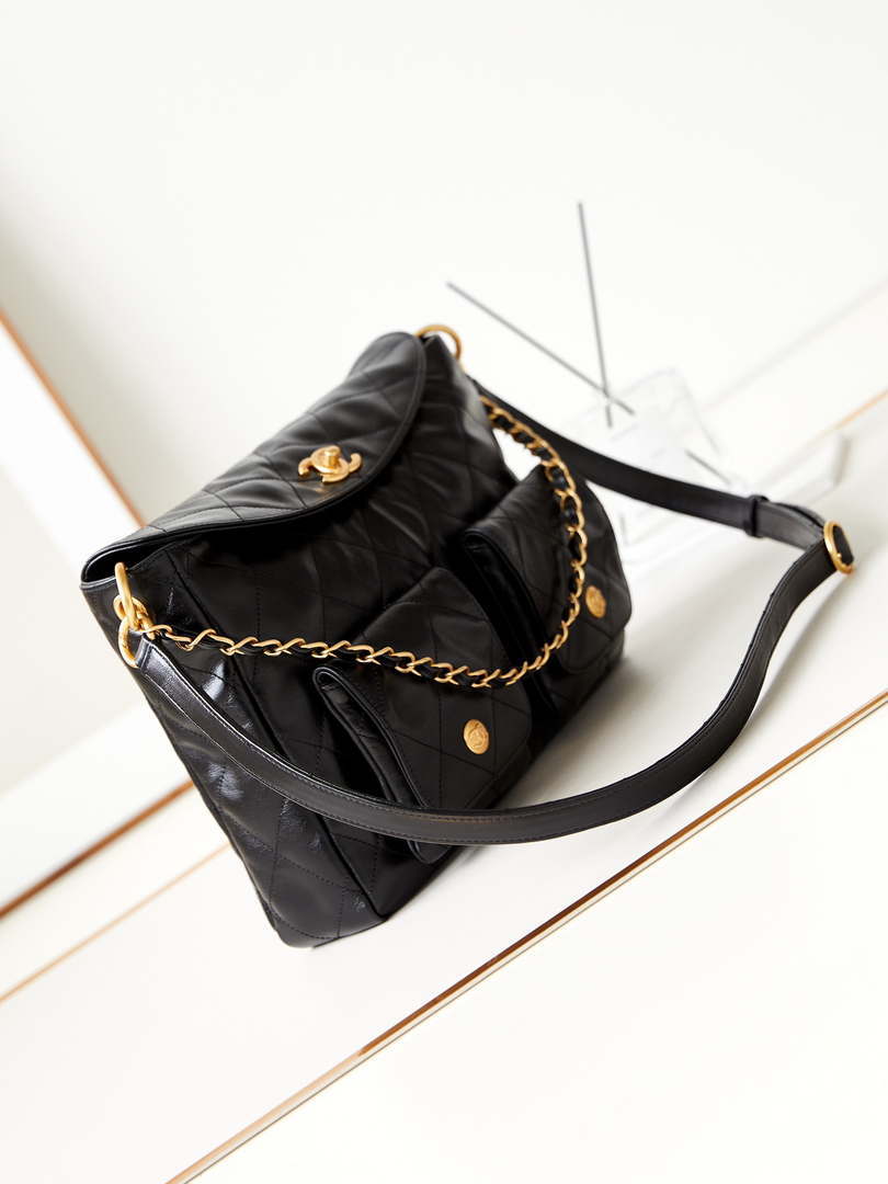 Chanel AS4668 Large Hobo Bag Shiny Calfskin & Gold-Tone Metal Black