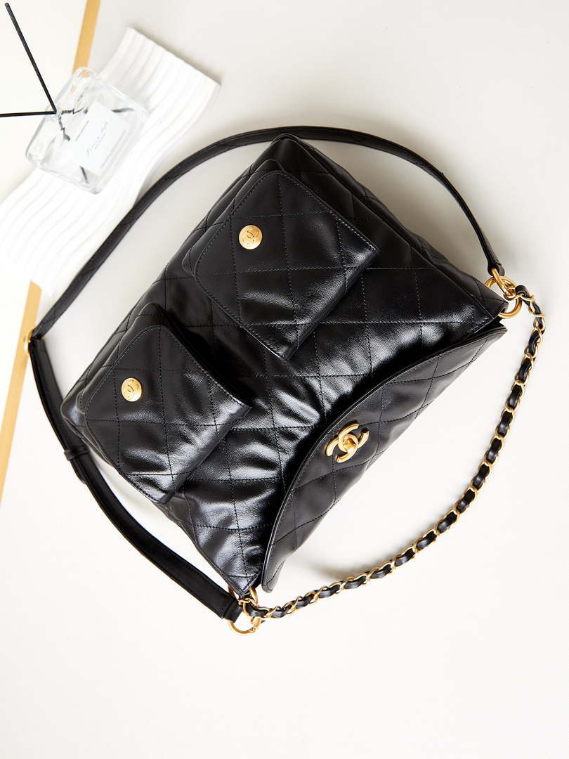Chanel AS4668 Large Hobo Bag Shiny Calfskin & Gold-Tone Metal Black