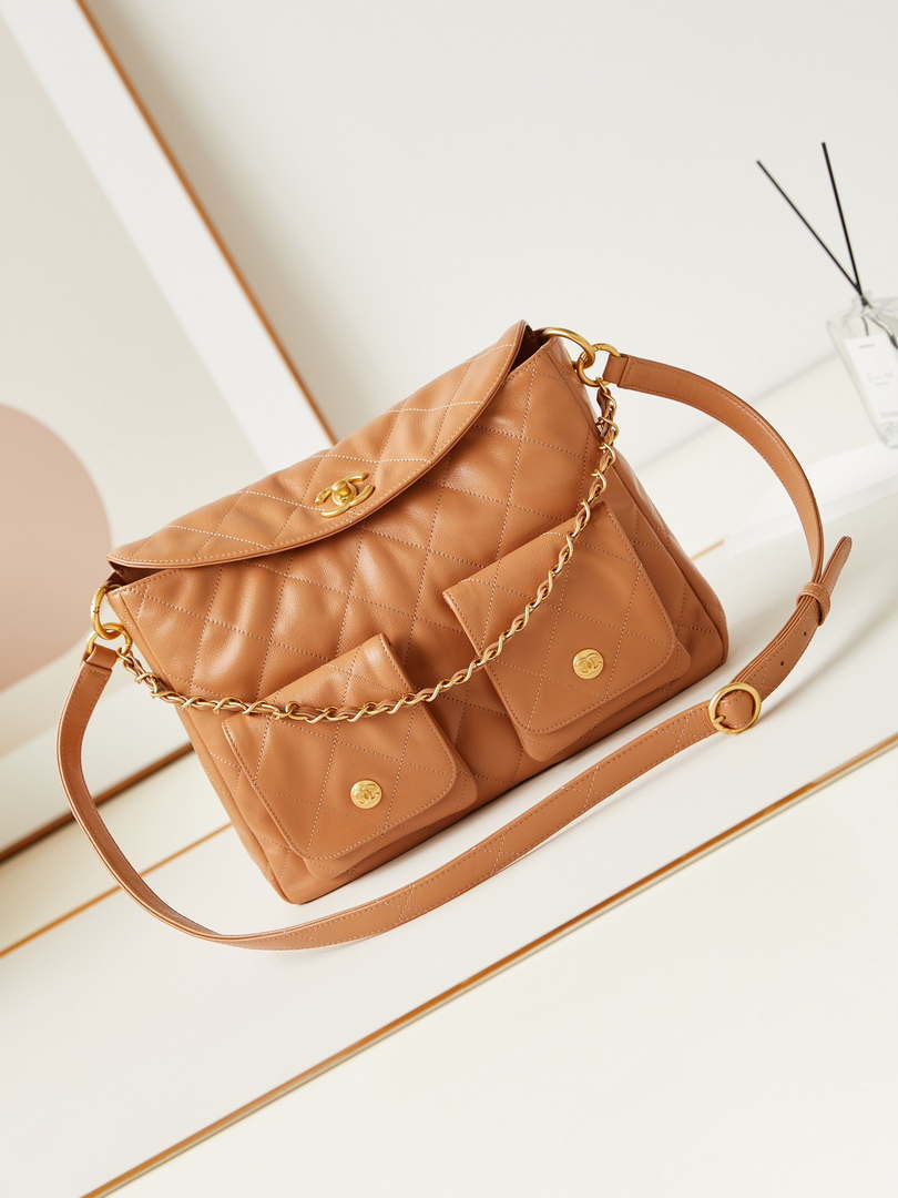 Chanel AS4668 Large Hobo Bag Shiny Calfskin & Gold-Tone Metal Camel - Default Title - View 1