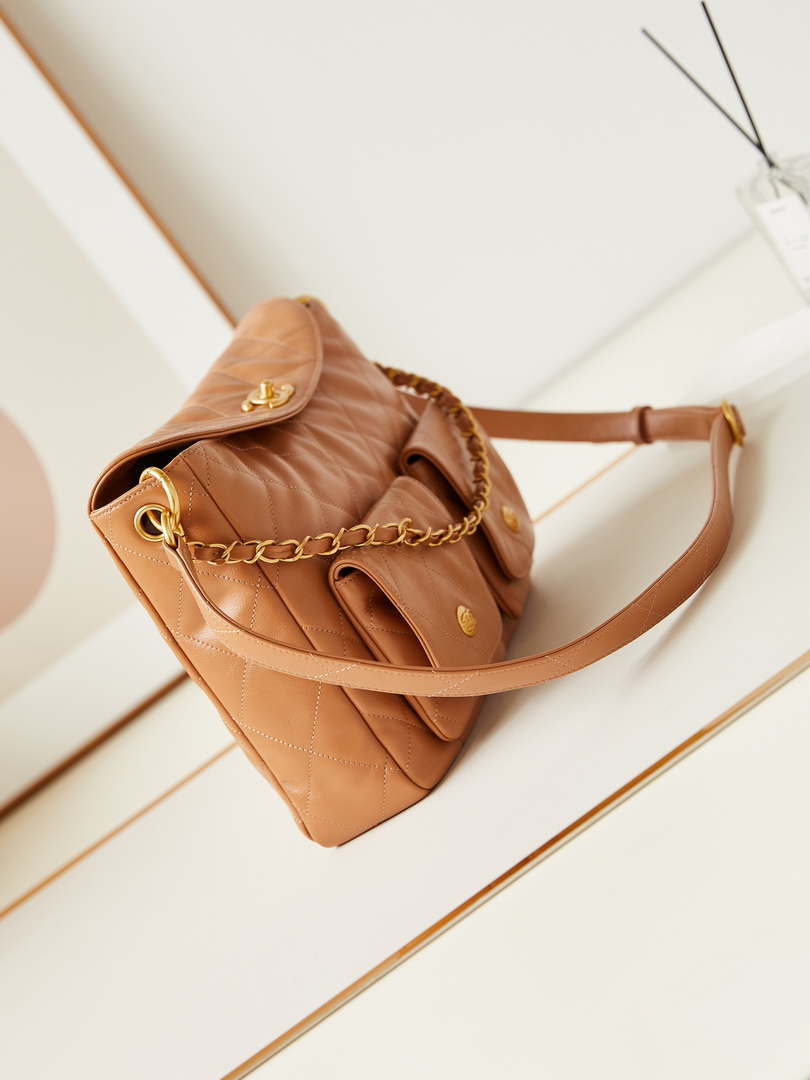 Chanel AS4668 Large Hobo Bag Shiny Calfskin & Gold-Tone Metal Camel - Default Title - View 4