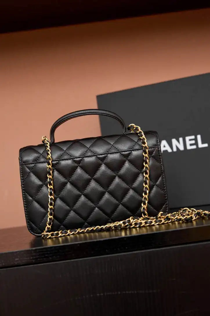 Chanel AP4674 25B  Large Flap Bag with Top Handle Lambskin gold Black
