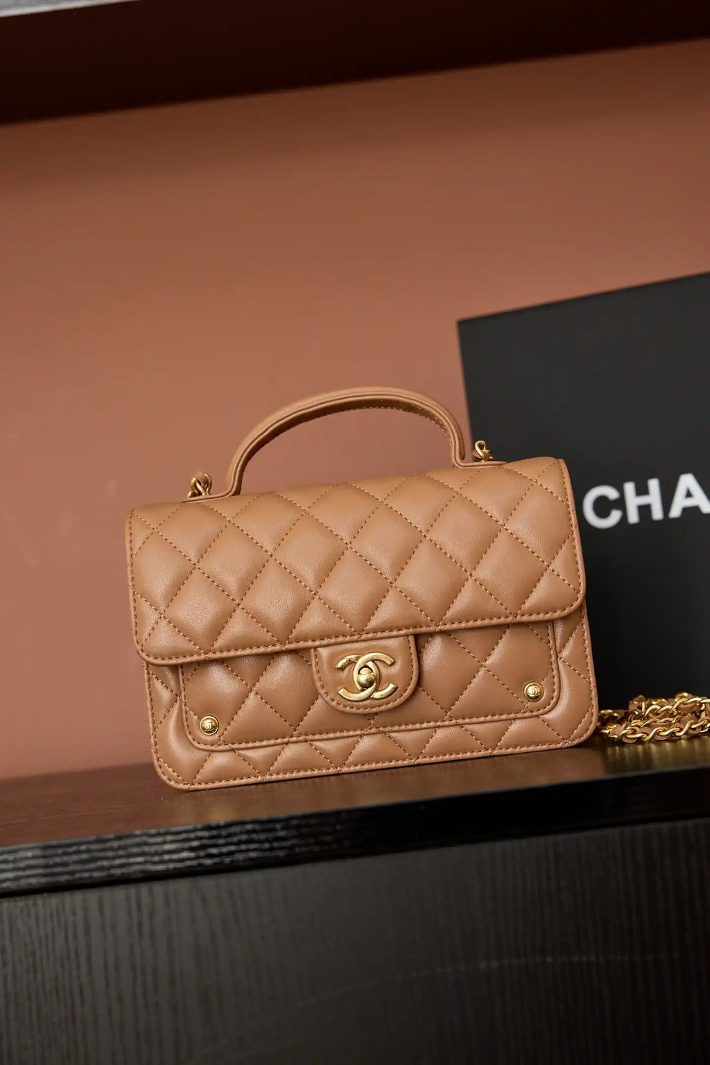 Chanel AP4674 25B  Large Flap Bag with Top Handle Lambskin gold Brown