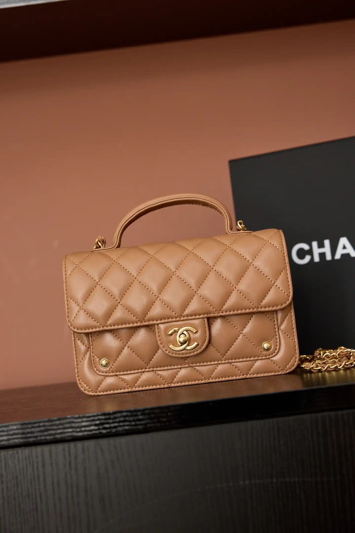Chanel AP4674 25B  Large Flap Bag with Top Handle Lambskin gold Brown