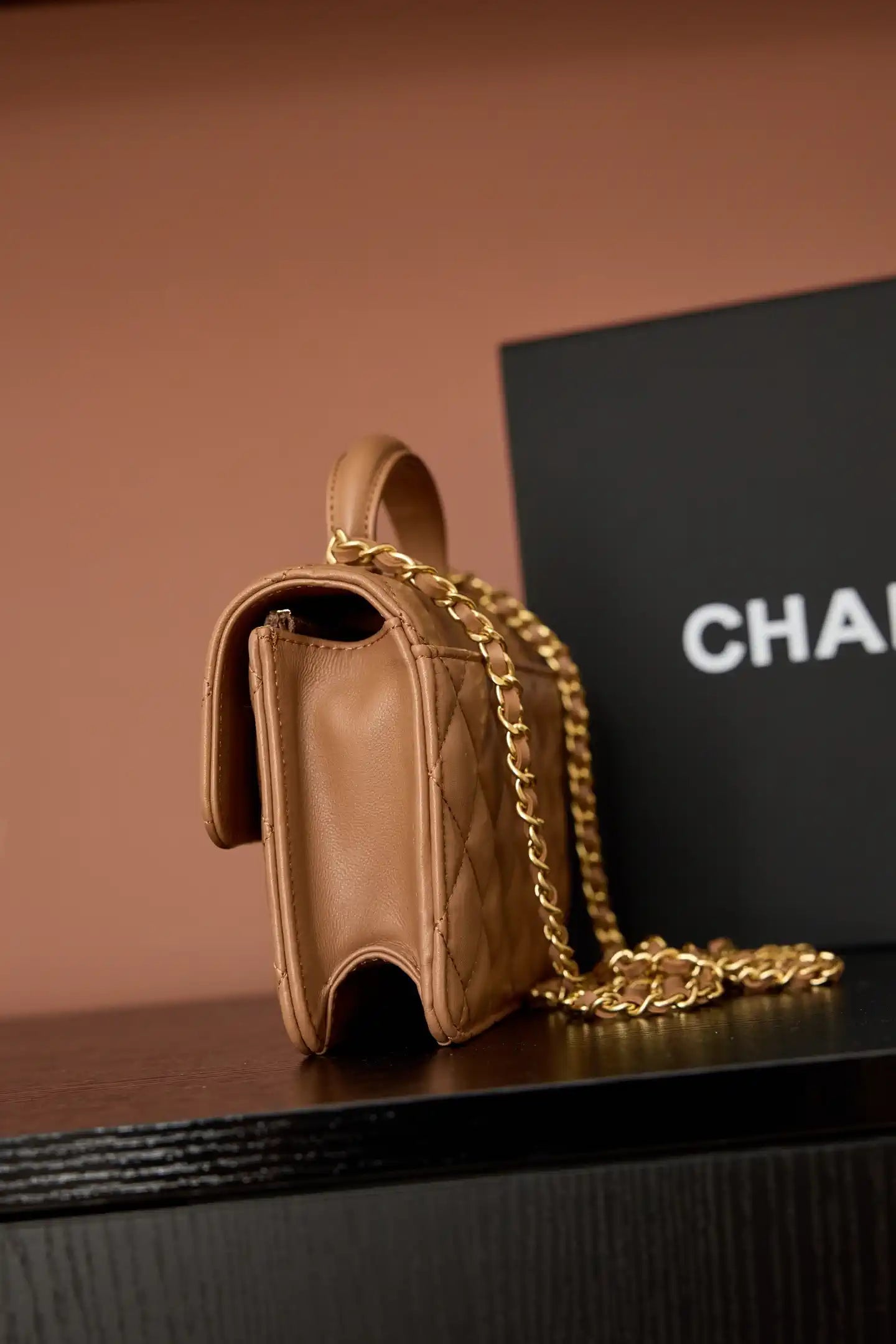 Chanel AP4674 25B  Large Flap Bag with Top Handle Lambskin gold Brown