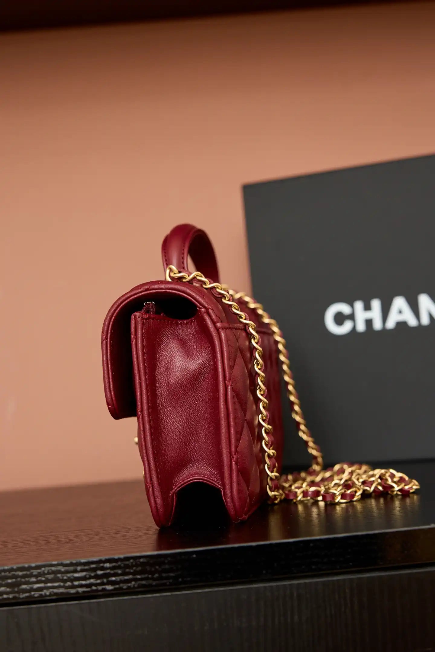 Chanel AP4674 25B  Large Flap Bag with Top Handle Lambskin gold Wine Red