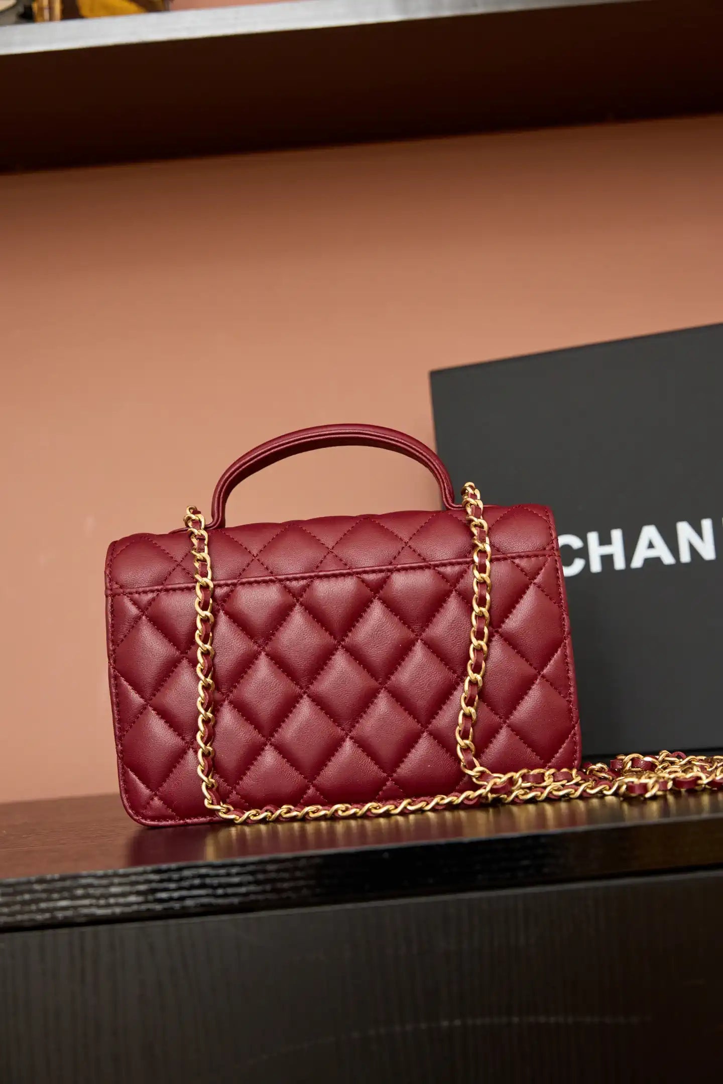Chanel AP4674 25B  Large Flap Bag with Top Handle Lambskin gold Wine Red