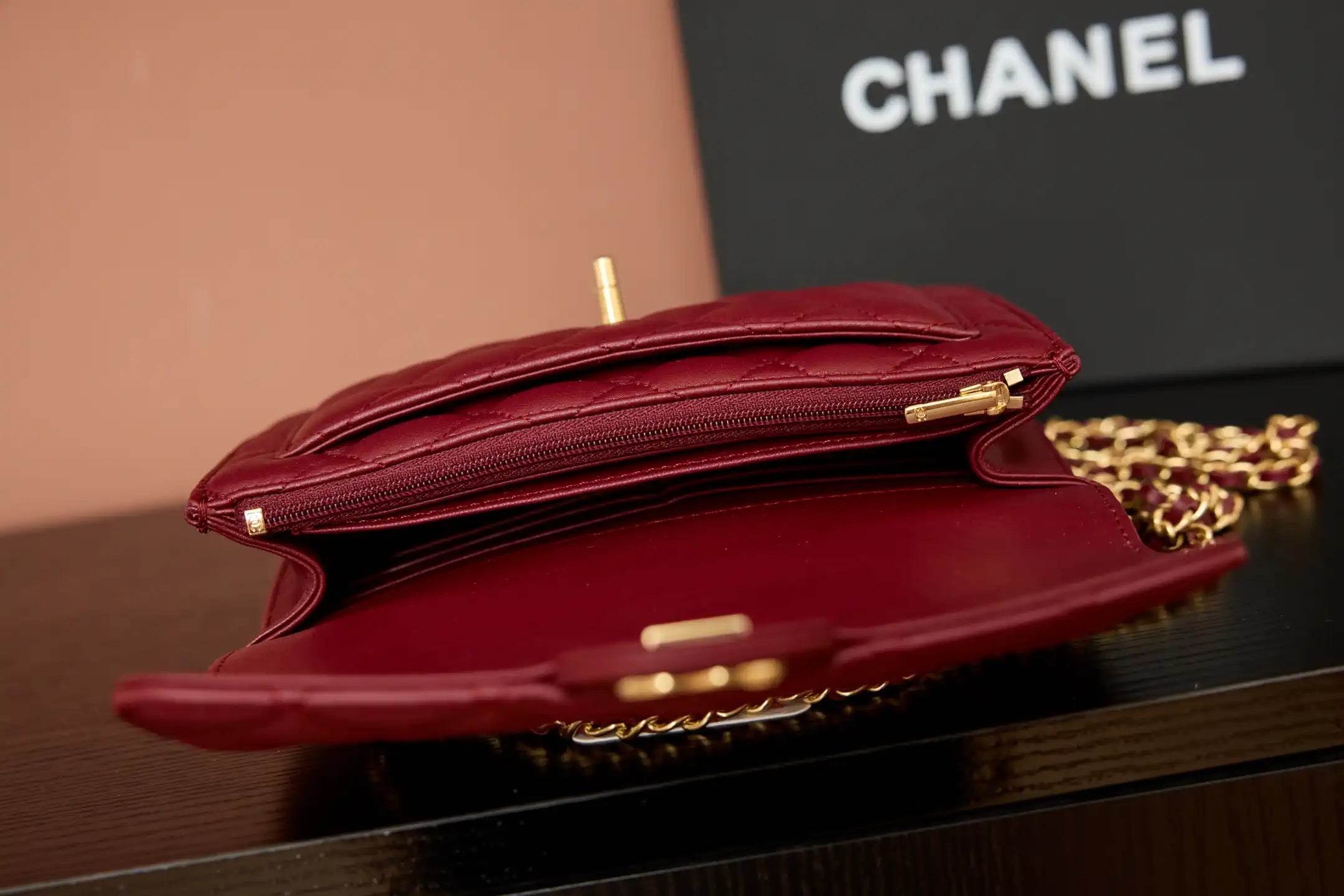 Chanel AP4674 25B  Large Flap Bag with Top Handle Lambskin gold Wine Red