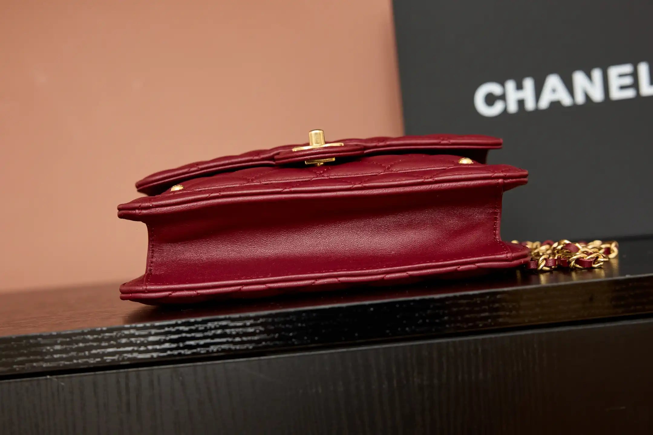 Chanel AP4674 25B  Large Flap Bag with Top Handle Lambskin gold Wine Red