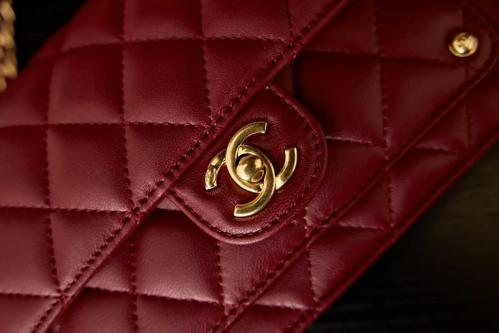 Chanel AP4674 25B  Large Flap Bag with Top Handle Lambskin gold Wine Red
