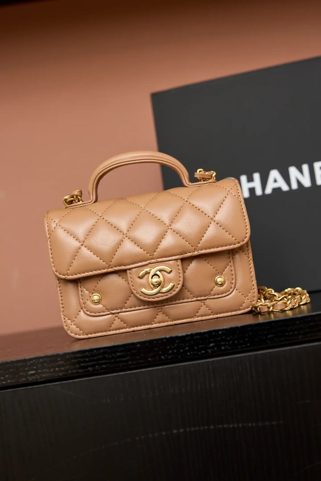 Chanel AP4675 25B  Clutch with chain  Shiny Lambskin Gold-Tone Metal Brown