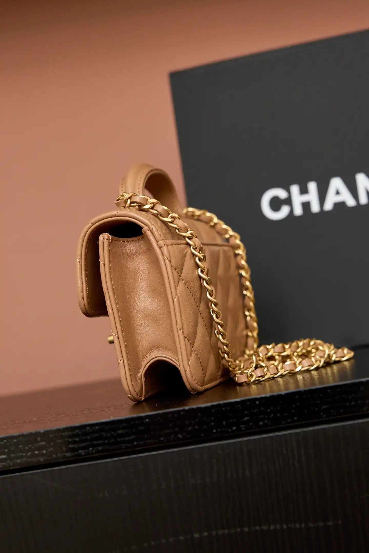 Chanel AP4675 25B  Clutch with chain  Shiny Lambskin Gold-Tone Metal Brown