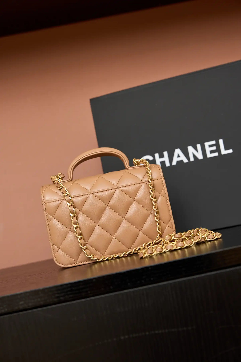 Chanel AP4675 25B  Clutch with chain  Shiny Lambskin Gold-Tone Metal Brown