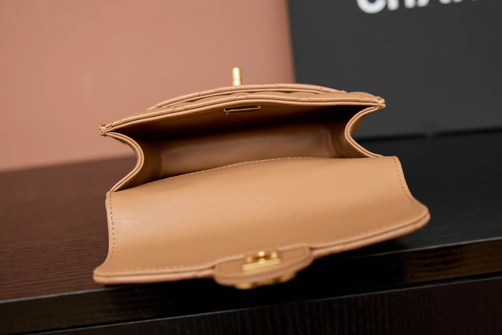 Chanel AP4675 25B  Clutch with chain  Shiny Lambskin Gold-Tone Metal Brown