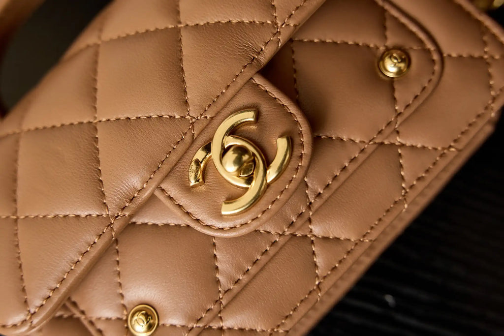 Chanel AP4675 25B  Clutch with chain  Shiny Lambskin Gold-Tone Metal Brown