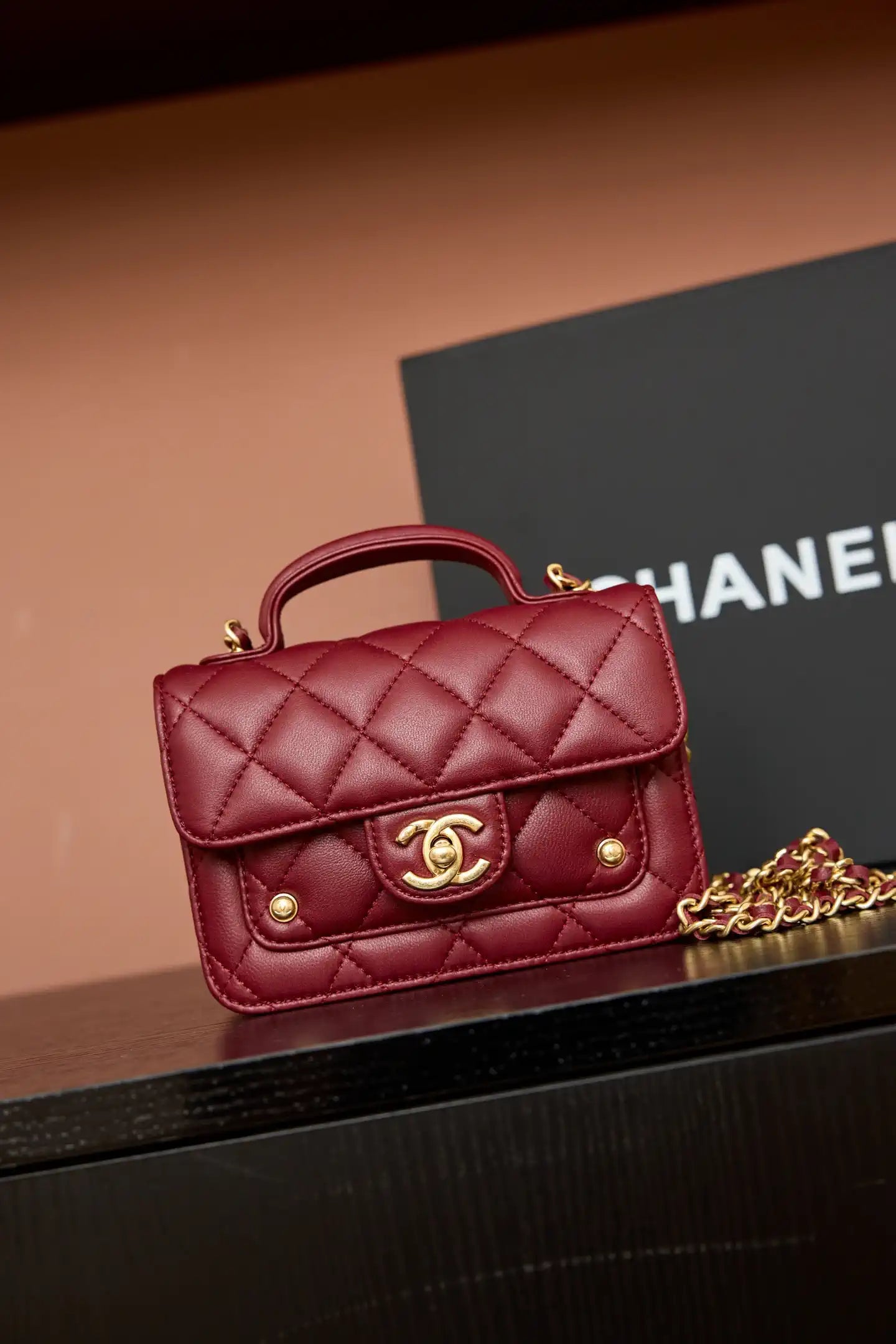 Chanel AP4675 25B  Clutch with chain  Shiny Lambskin Gold-Tone Metal Wine Red