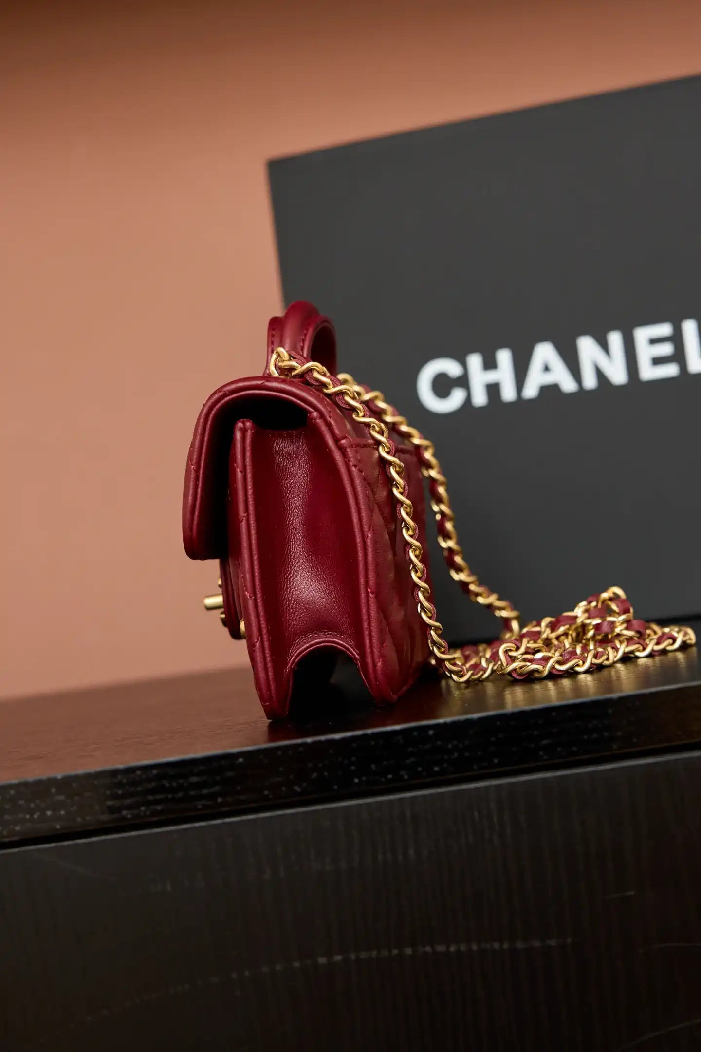 Chanel AP4675 25B  Clutch with chain  Shiny Lambskin Gold-Tone Metal Wine Red