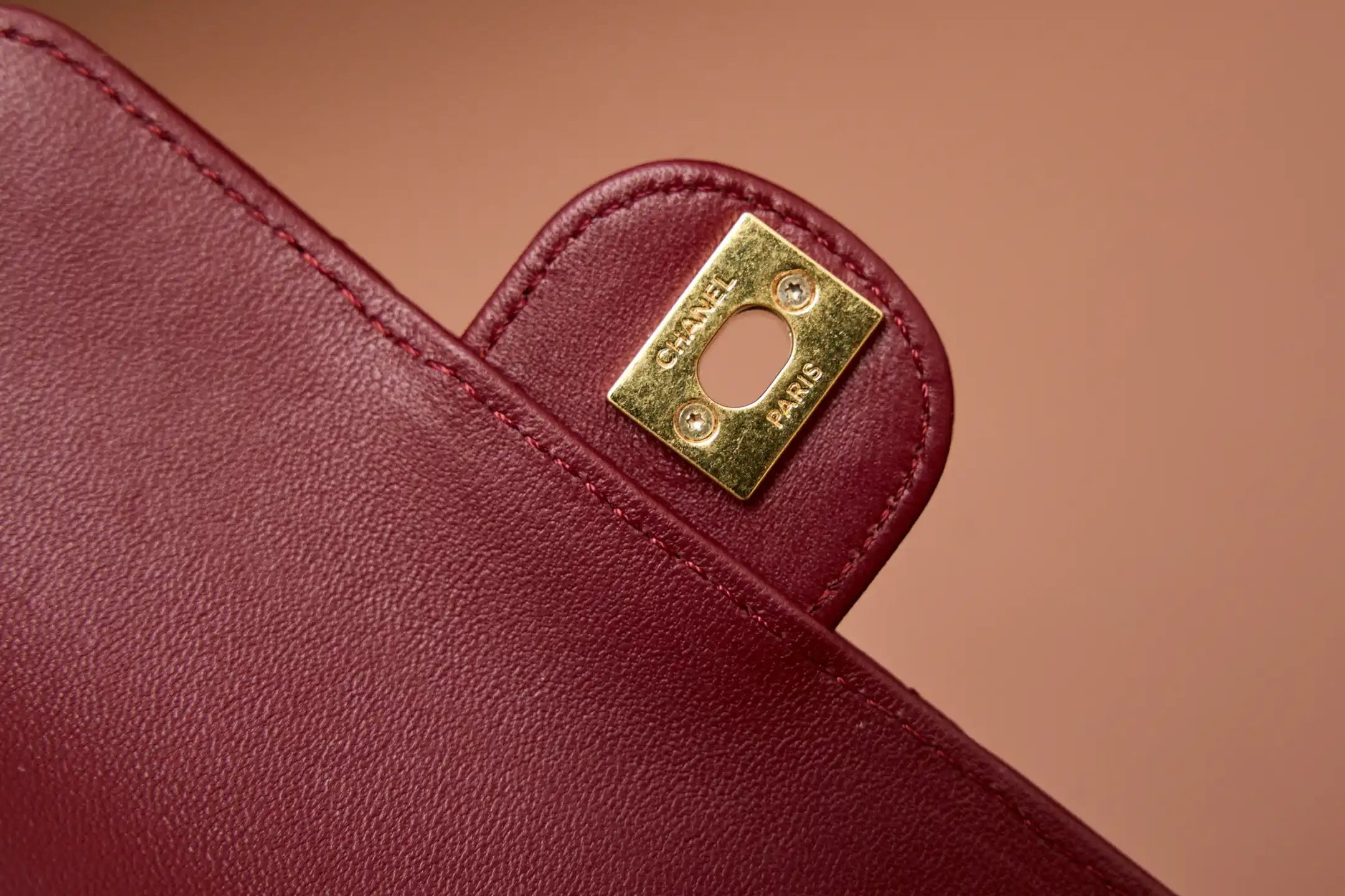 Chanel AP4675 25B  Clutch with chain  Shiny Lambskin Gold-Tone Metal Wine Red