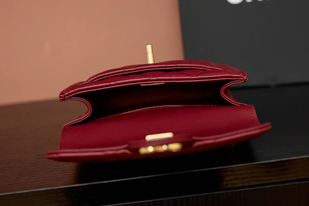 Chanel AP4675 25B  Clutch with chain  Shiny Lambskin Gold-Tone Metal Wine Red