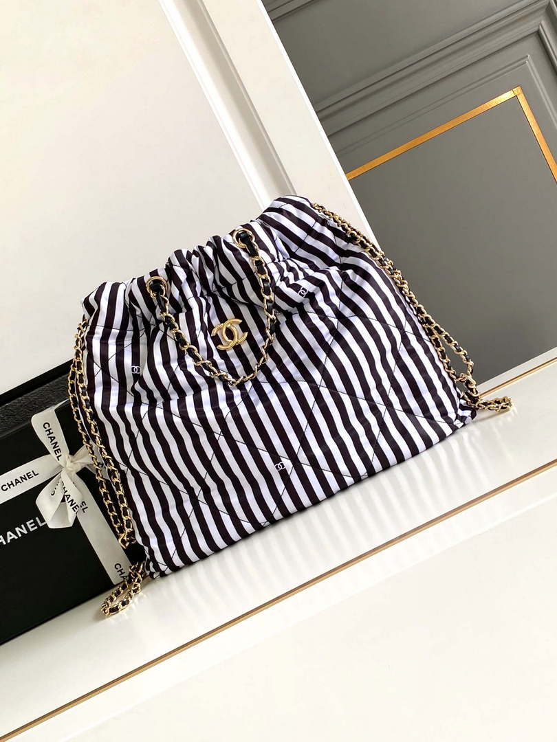 Chanel AS4692 Large Backpack Printed Fabric & Gold Metal White & Black