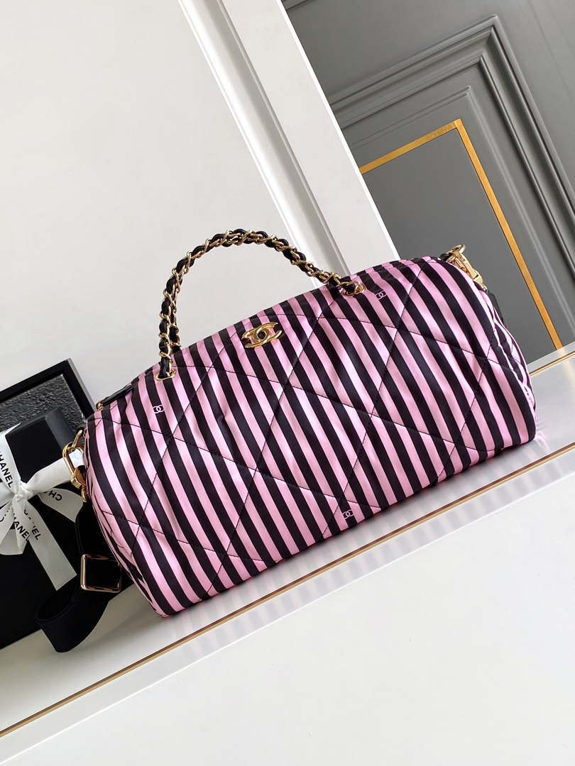 Chanel AS4696 Large Bowling Bag Printed Fabric & Gold-Tone Metal Black & Pink